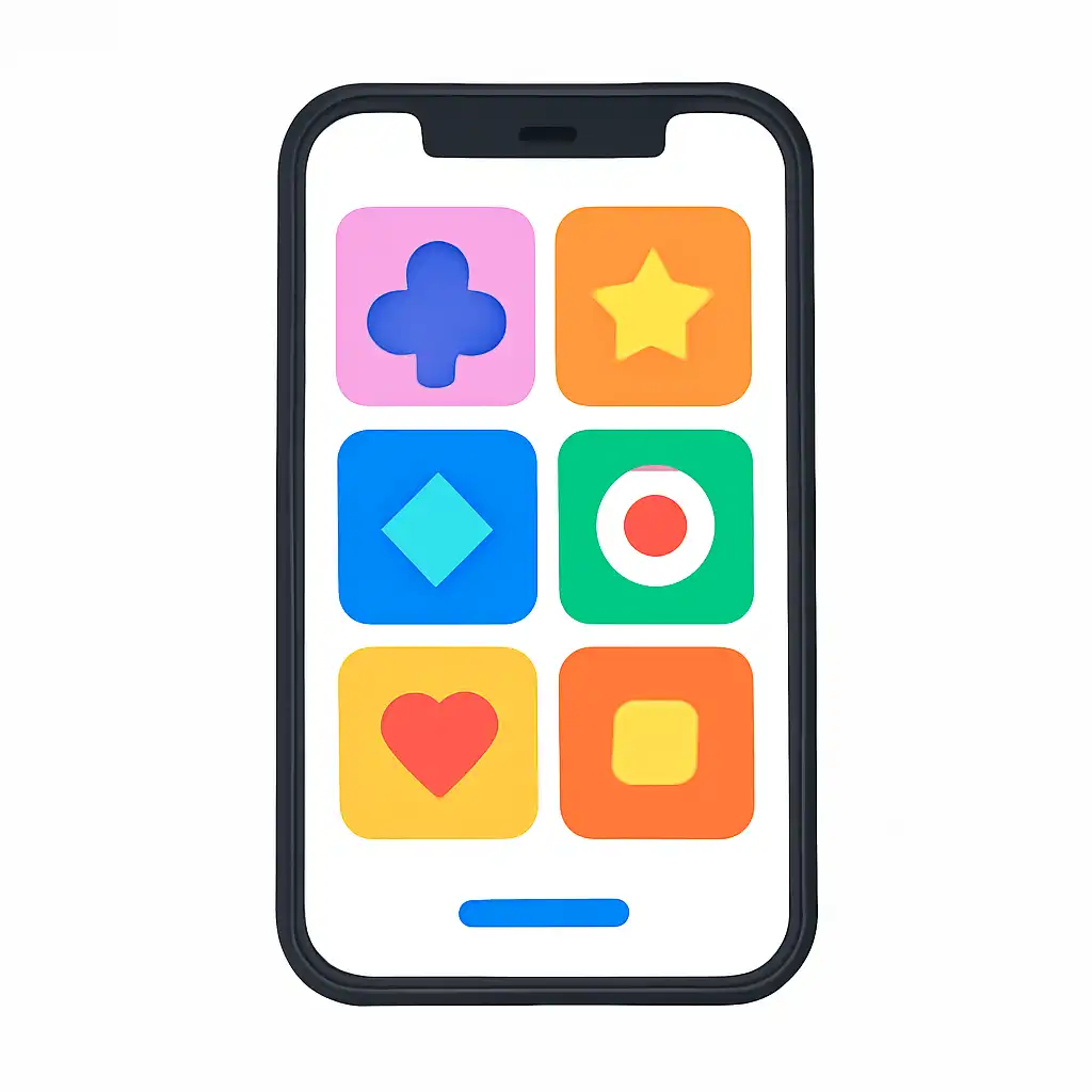 Smartphone shown from the front displaying a colourful flat layout of abstract game icons and rounded tiles (no text, no letters, no labels), 6 Club Win