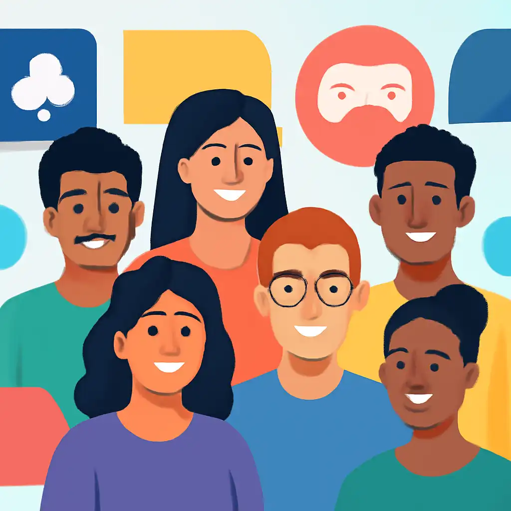Group of diverse users smiling: 6 Club Win community photo