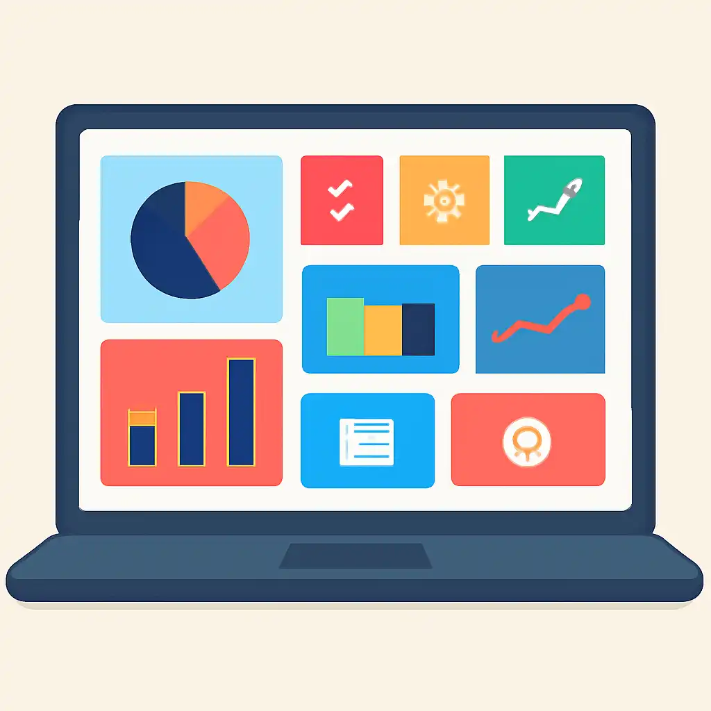Laptop shown from the front displaying a colourful flat dashboard of abstract charts, bars and icon tiles (no text, no letters, no labels), 6 Club Win