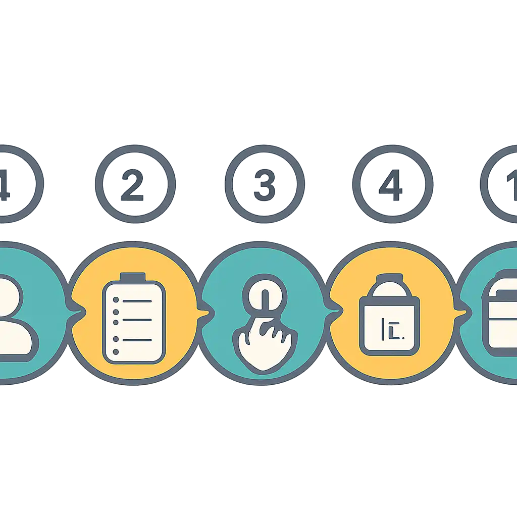 Five numbered circular icons connected by arrows in a horizontal flow, flat illustration, icons only, no words, 6 Club Win steps