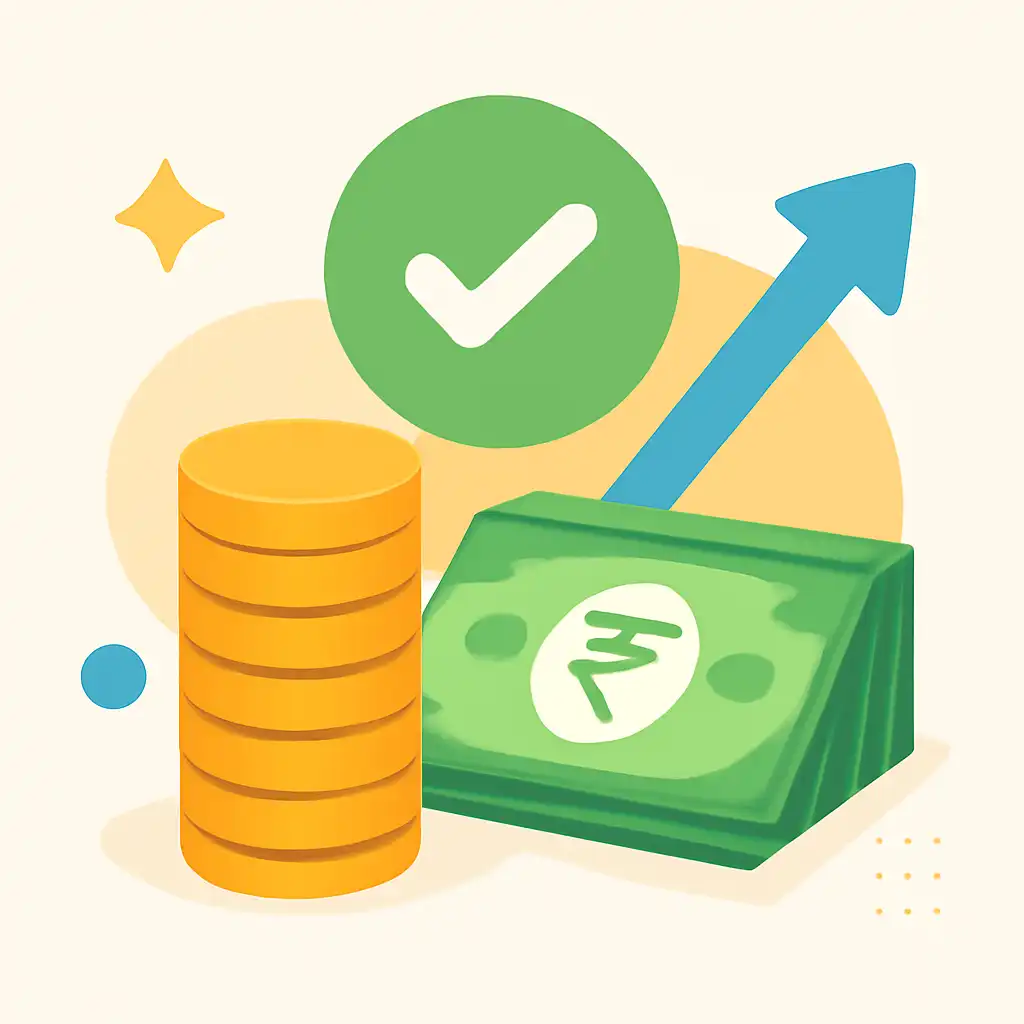 Coins stack and rupee notes: 6 Club Win earnings illustration